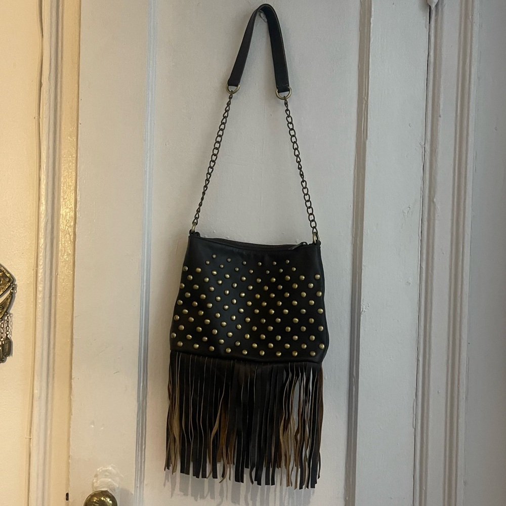 Brown Leather Studded Bag with Fringe.